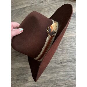 Vintage Dynafelt Men's Brown Feather Cowboy Hat 70s Wool Fur Blend Size 7 1/8